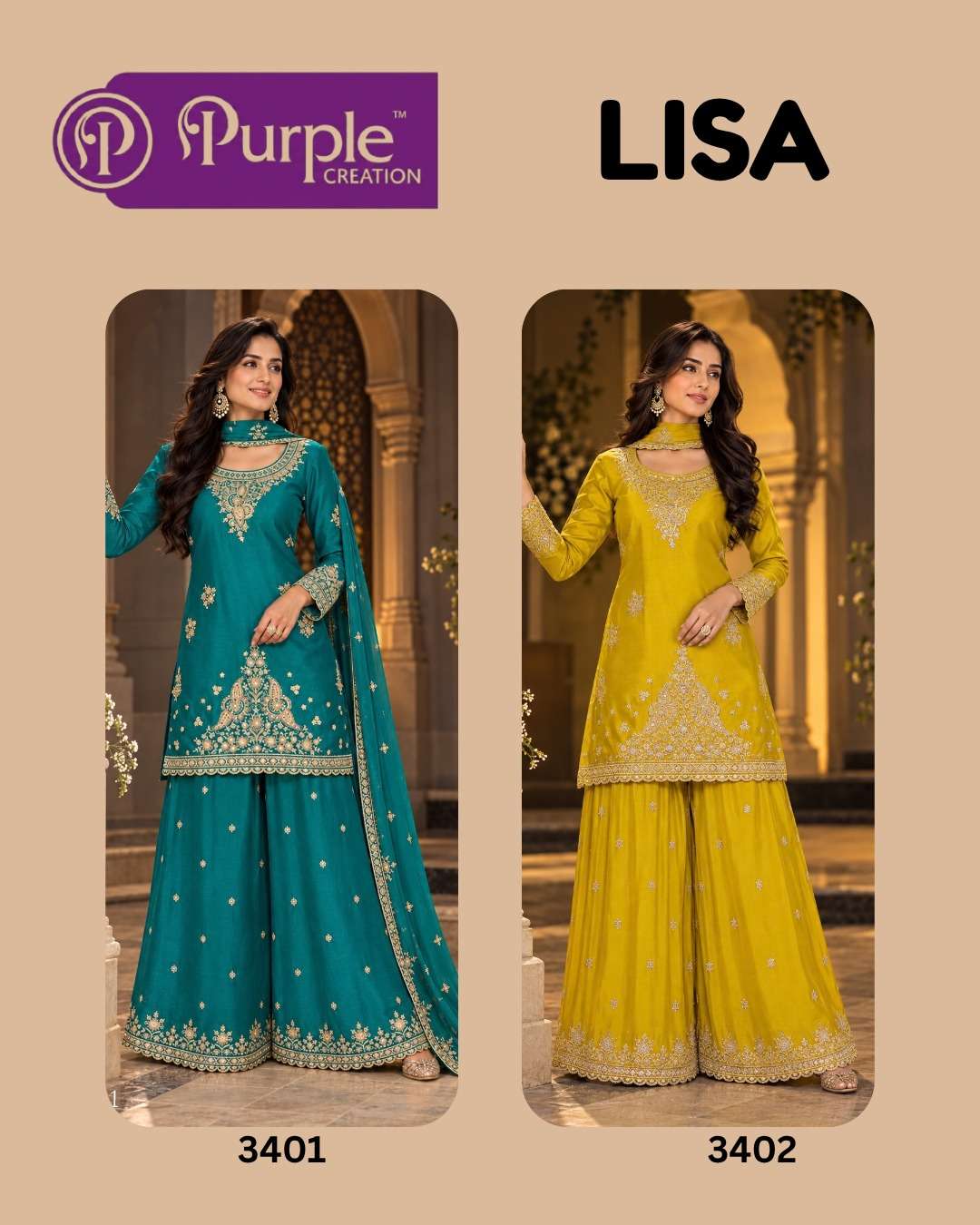 PURPLE CREATION LISA PREMIUM CHINNON WORK PALAZZO SUIT FOR WEDDING TYPE EXPORT